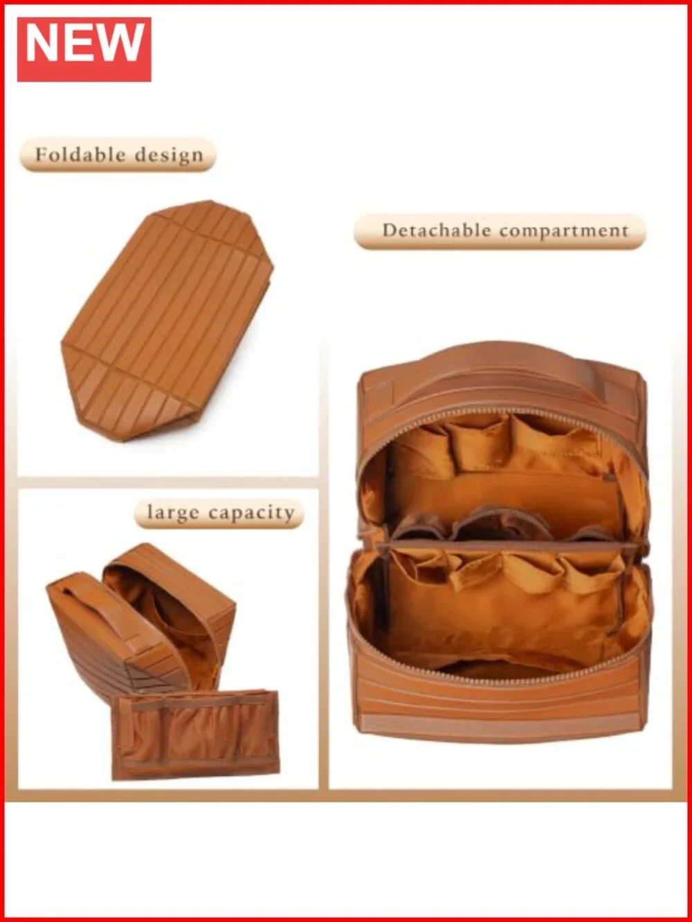 Faux Leather Travel Makeup Bag Fold-Down Large Capacity Cosmetic Organizer
